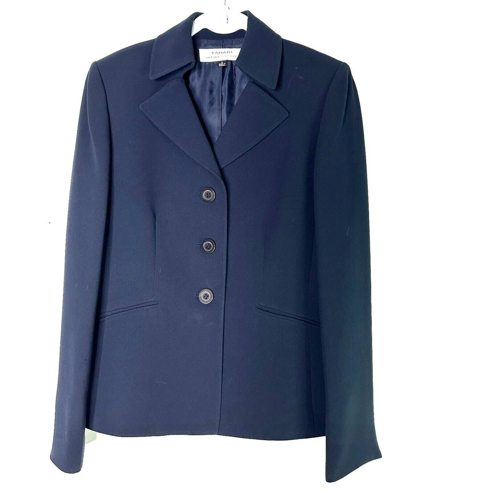 Tahari ASL Blazer Women 6 Navy Blue 3-Button Suit Jacket Crepe Classic Corpcore